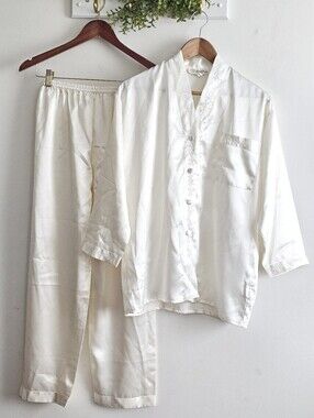 Vintage Golden Dragon 100% Silk Pajama Set Butter White Embroidered Lounge